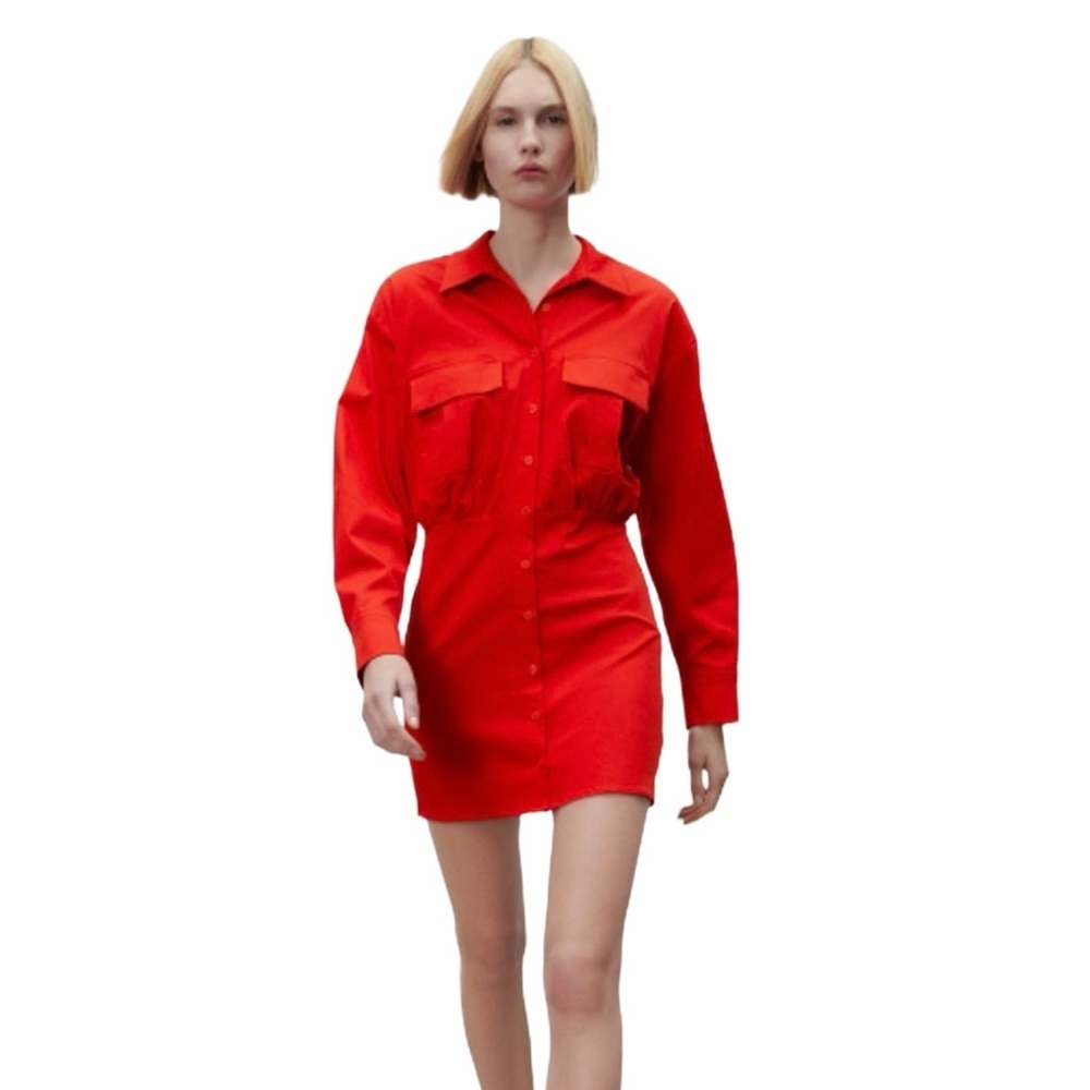 ZARA coral red poplin button down Shirt Dress